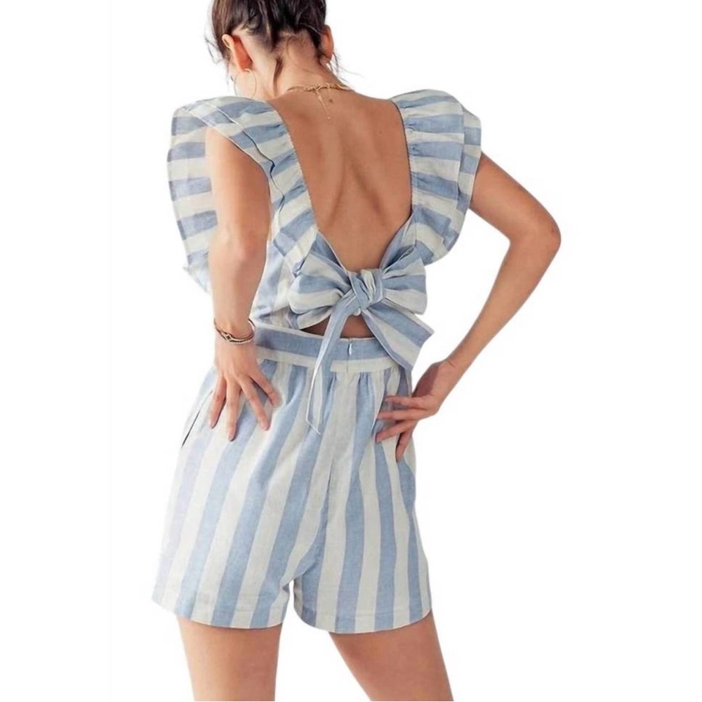 NEW URBAN DAIZY hailee ruffle striped romper in blue Sz M Summer Resort Beach - Picture 2 of 11
